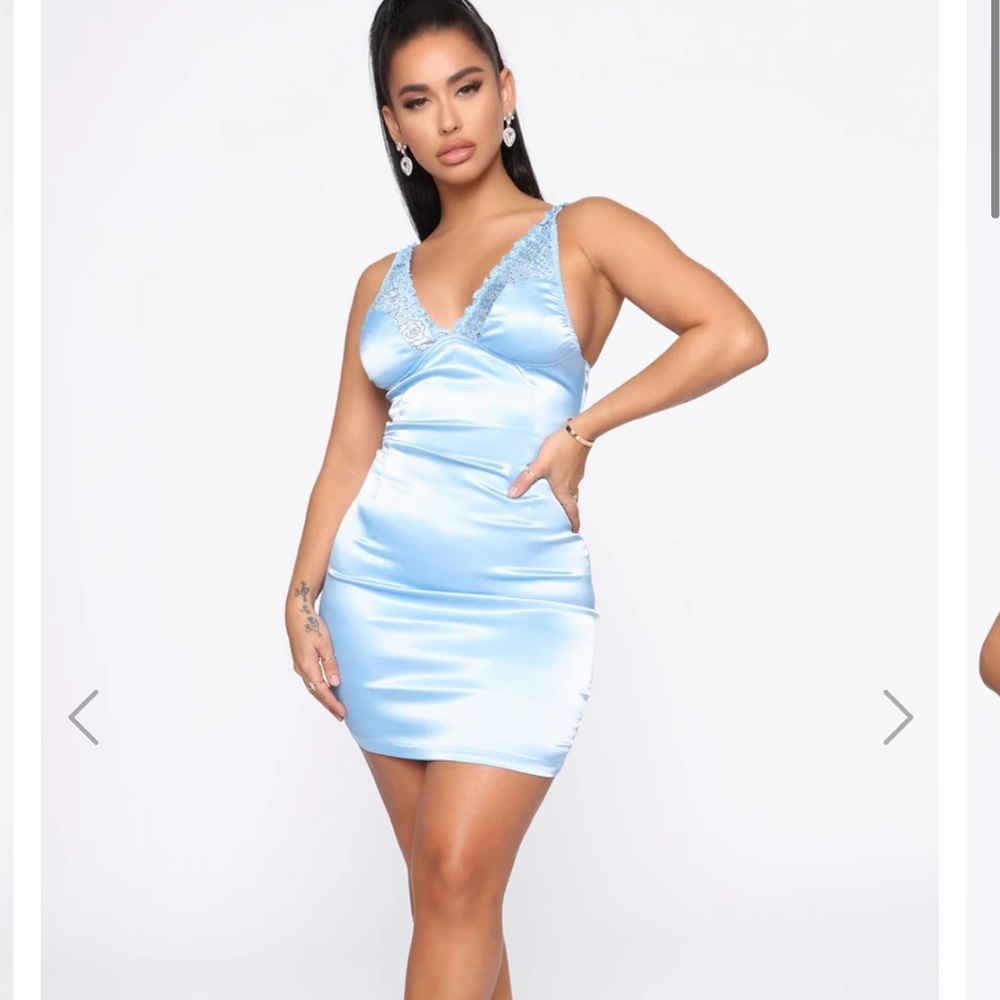 light blue satin dress with lace detail